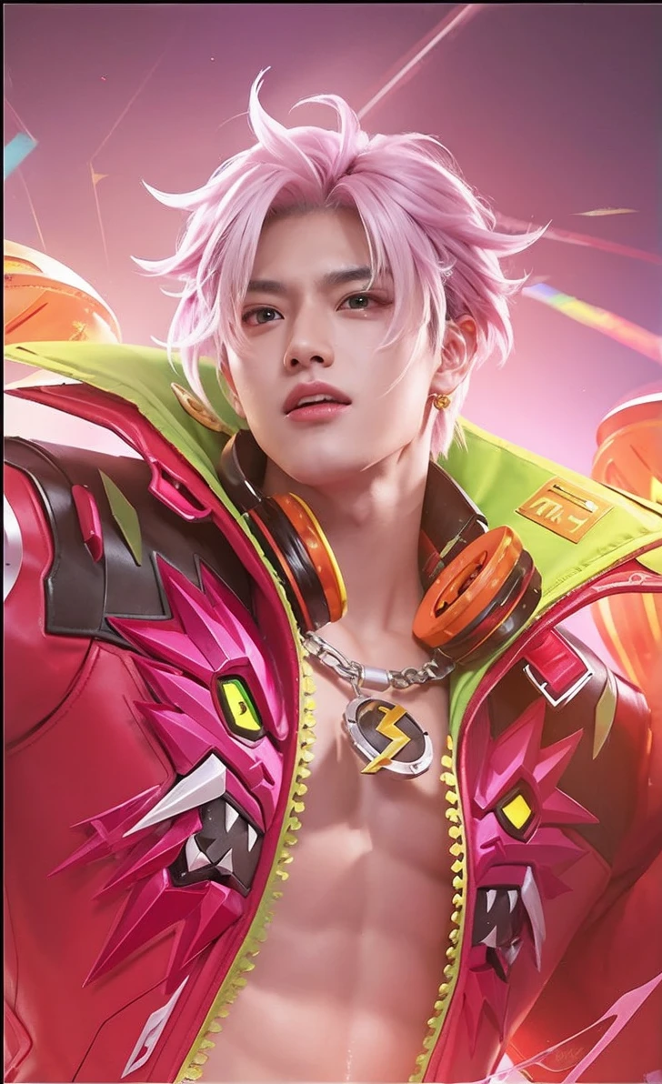 real life adaption of this character, Korean handsome face,realistic outfit,detailed eyes ,realistic spiky pink and black hair,realistic background,hyper realistic,realism,realistic light, realistic shadow,(photorealistic:1.2), looking to viewer