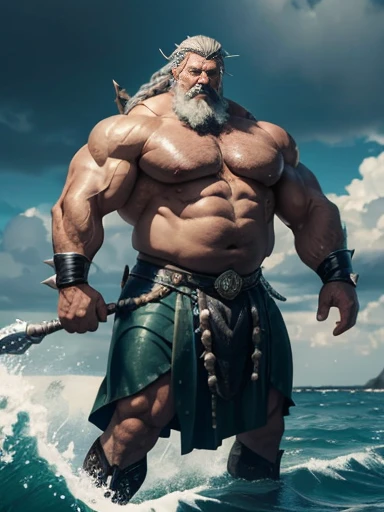 Hyperrealistic image of an old man over 79 years old superhero king warrior Poseidon With a crown on his head with a huge trident in his right hand with very long and braided gray hair super heavy and very fat very handsome bodybuilder with huge flaccid pecs and very large nipples and very sweaty spiky men emerging from the sea in the middle of large storm waves dressed in a seaweed skirt 