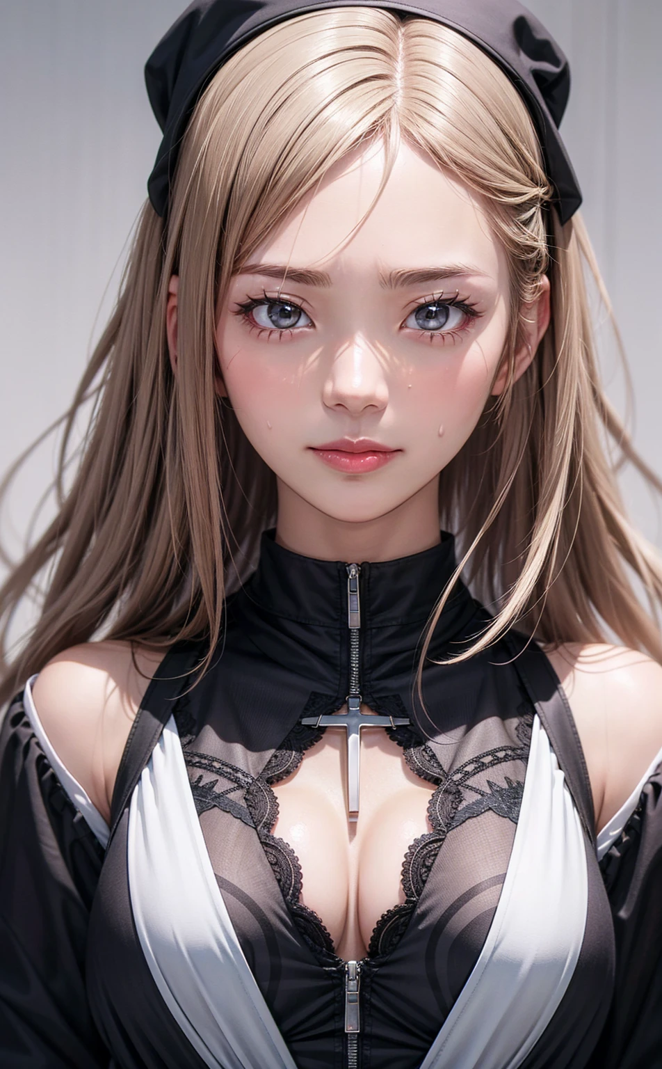 8K quality、High resolution、Realistic skin texture、High resolutionの瞳、woman、Open-chested clergyman's robes、One-shoulder yukata、Princess Hair、thin、リアルなwoman性器、Small breasts、Realistic tongue、Gray Hair、thin脚、Sweating profusely、Sweat accumulates in the chest、、Slender model figure