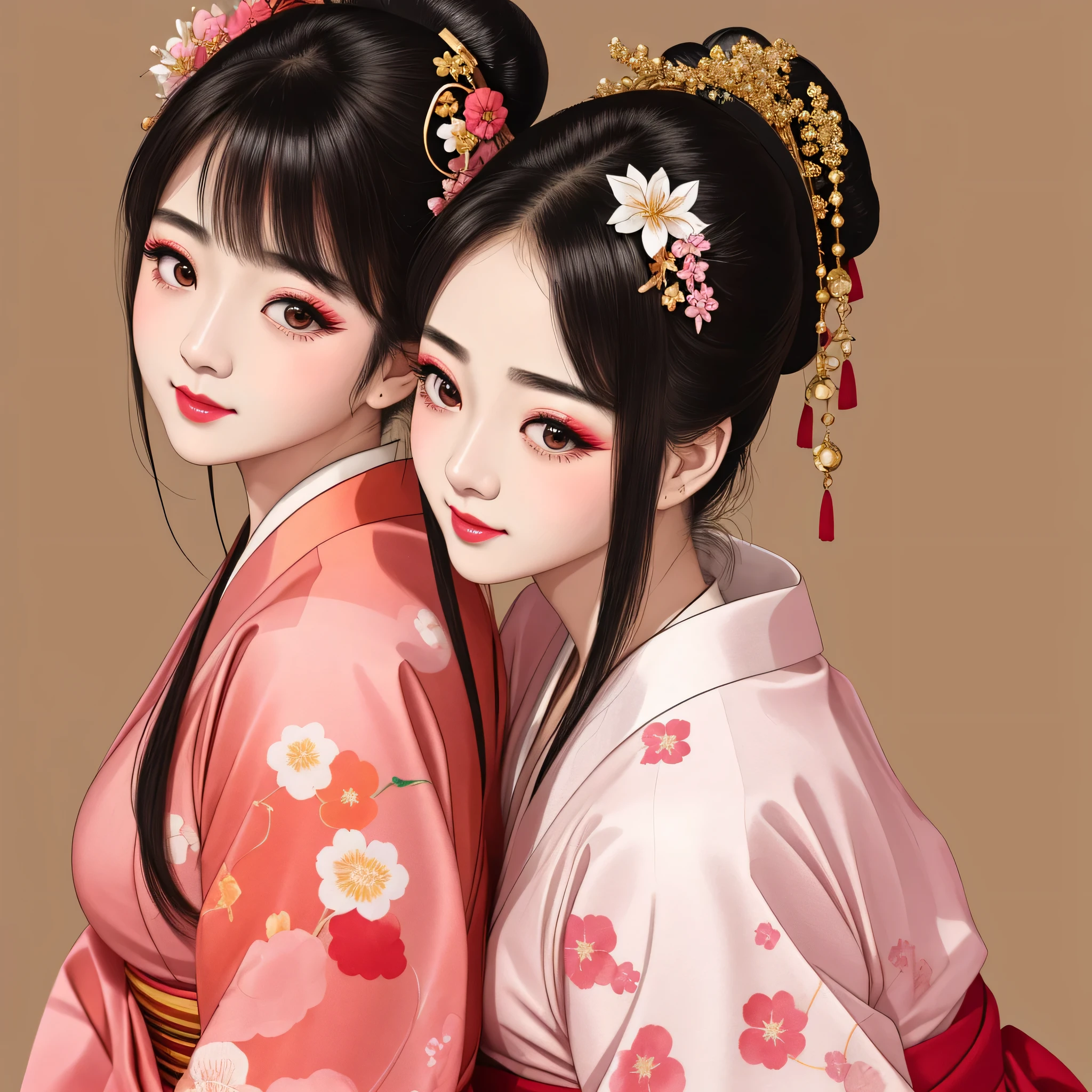 Each has a different expression2People and sisters、(2 girls)、⦅Dancing traditional arts with grace)、((Big Breasts、Small Face、Not exposed))、highest quality、masterpiece、(Black Hair、Bun Hair)、Brown Eyes、⦅Wide angle、Angle from above the waist、Pause on the magazine cover、Their gazes are different, gazing into the distance⦆、(8K High Quality、masterpiece、High resolution、Realistic and beautiful light and shadow、(highest quality)、(High Resolution)、(Very delicate and beautiful)、(Beautiful 8k face)、(With a smile、Beautiful eyes)、(Clear skin)、(Soft hair)、(8Head to Body)、(A Japanese style yukata kimono with red, pink and orange floral patterns on a white background, interspersed with gold powder、Wearing a yukata2Beautiful Japanese girls)、((Tanabata decoration background))、((Small Face))、(arms up)、Thin and small nose、(Red lipstick)、(Make your cheeks red)、(Glossy skin)、((Ink painting style))、Very thin eyebrows、Overall ultra-high image quality、(She is wearing maiko-style makeup.)、Whitening、Long and beautiful eyelashes、Glowing Skin、(Red cheeks),Straight nose、masterpiece、highest quality、whole body、 Eyebrows visible through hair、Bun Hair、Grin、Gal、Gal、Viewer's Eyes、Plaid、Stylish、woman、fine、Pause、
Waiting to start