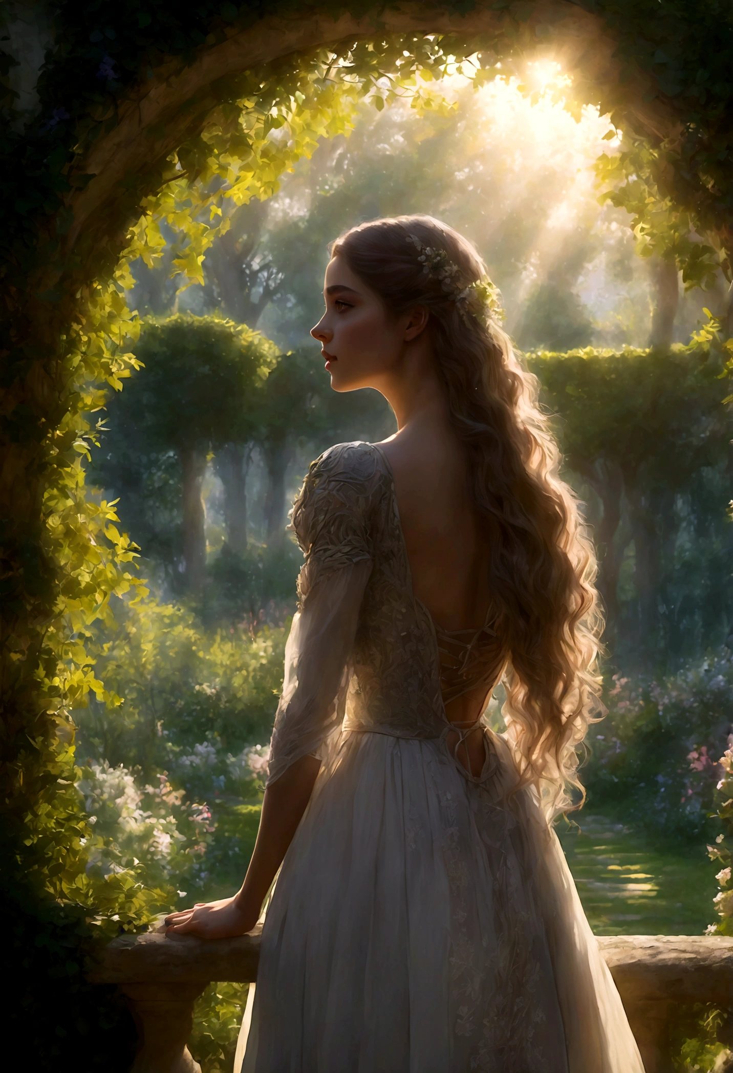 1girl, A woman in a garden, Back View, long flowing hair, delicate shoulders, intricate dress, sunlight filtering through trees, lush greenery, dreamy atmosphere, beautiful detailed face, beautiful detailed eyes, beautiful detailed lips, extremely detailed rendering, vivid colors, dramatic lighting, cinematic composition, fantasy art style, masterpiece, best quality, very aesthetic, absurdres