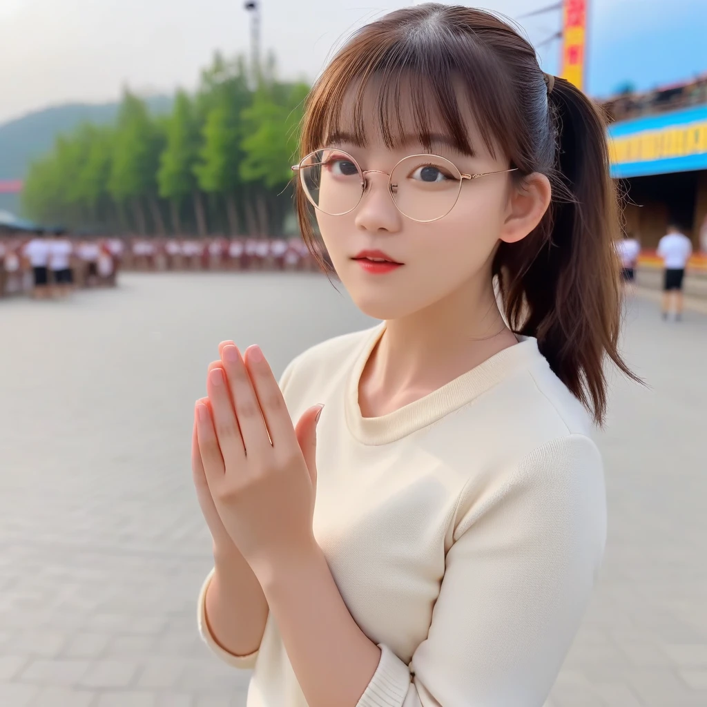 (best quality:1.4), (Ultra-high resolution:1.2), (photoPractical:1.4), (8K, RAW photos:1.2),(Portrait shoot:1.3), Pinocytol, 1 Girl, Solitary, looking at the audience, Bangs, brown hair, whole body, outdoor, Blurred background, Practical, Glasses, Round glasses, Ponytail, Practical, long hair, Perfect hands,   