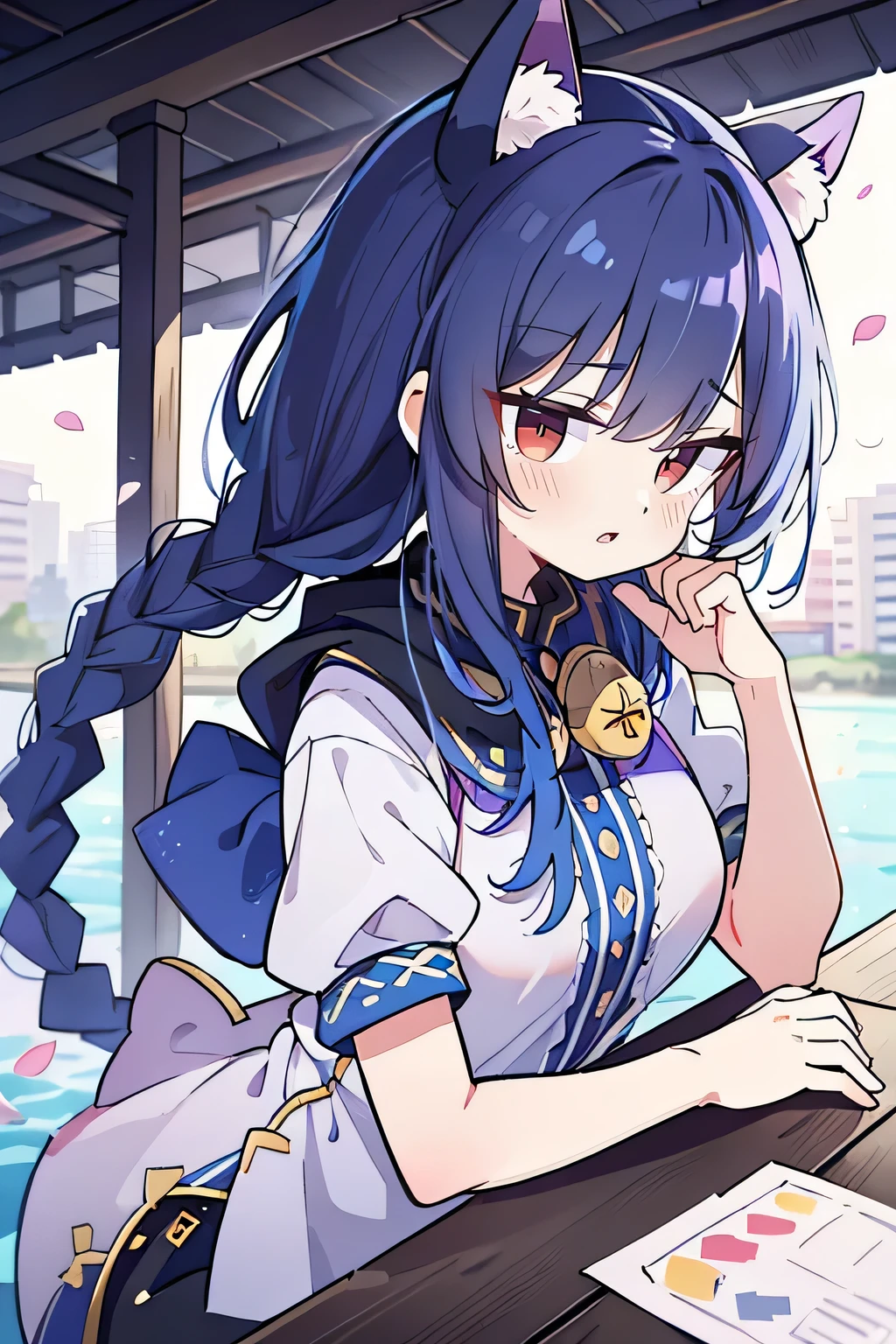 (masterpiece:1.2),Super detailed,lifelike,Expressive eyes,fair skin,perfect face shape,1 girl,
Japanese comics,Gorgeous blue hair,flowing blue hair,flowing clothes,Cat ears,Petals fall,beautiful lola,Baby Angel,
Shaking head with one hand,Cross your legs,Gentle and peaceful background,The pavilion is cool and comfortable,smile, wearing hoodie, background of tokyo,back views,snowing, winter,lie on the water.(Best Quality: 1.3), (Masterpiece: 1.3), (Illustration: 1.3), (Ultra Detailed: 1.3), (Imide Lens: 0.9), 1girl, Medium Breasts, Purple Eyes, ((Dark Blue Hair) ), hair accessories, young, clothing-gladiia, long hair, dark blue hair, indoors, black shorts, high socks, low ponytail, expressionless, upper body, close-up, coat, skirt,fgo style,like \(destiny\), like Adult, hair length, underwear, masterpiece, Top quality, 1 Girl, looking at the audience,(((braid)))、shameful face、Embarrassed face、Long body、huge 、