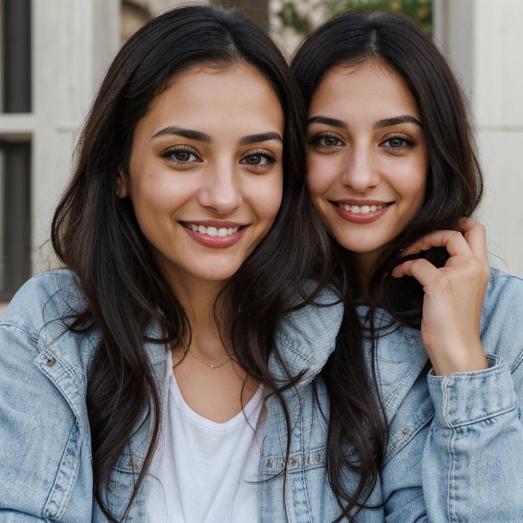one cute women, 32YO, white Arab, cute face, realistic light brown eyes, blue jacket, black hair, cute smile, skinny face, white realistic teethes, big eyes, long hair, no hands