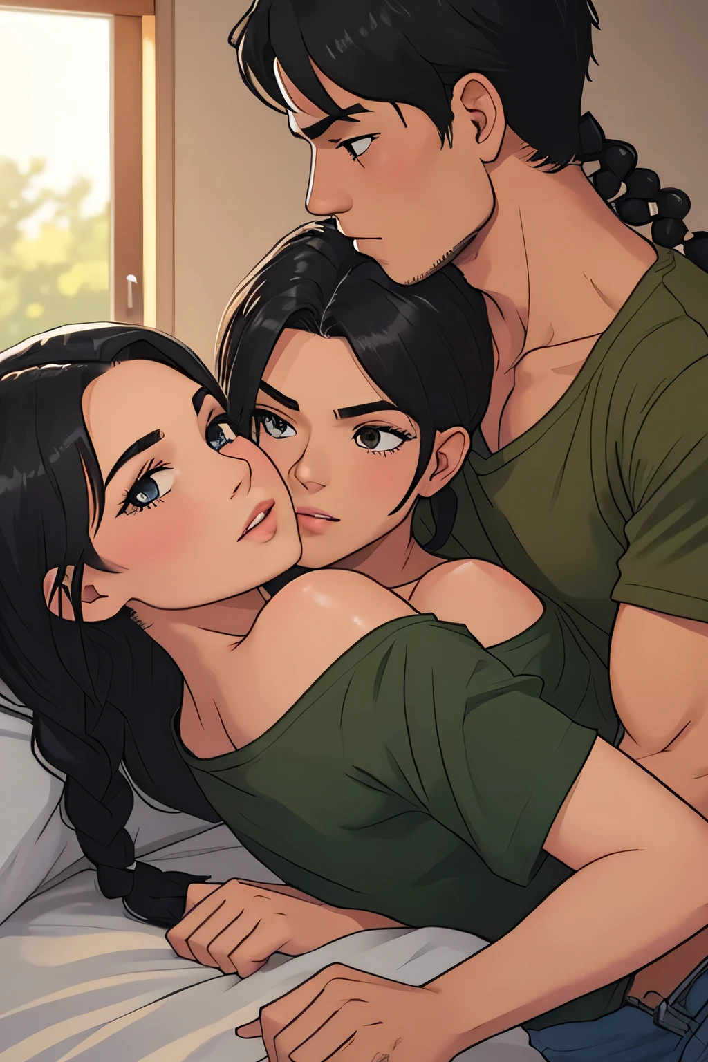 Amazing portrait of a sexy woman with her black hair in a single braid wearing an off shoulder olive green t shirt and blue short shorts kissing and making out passionately with a shirtless boy on the bed in an intimate setting
