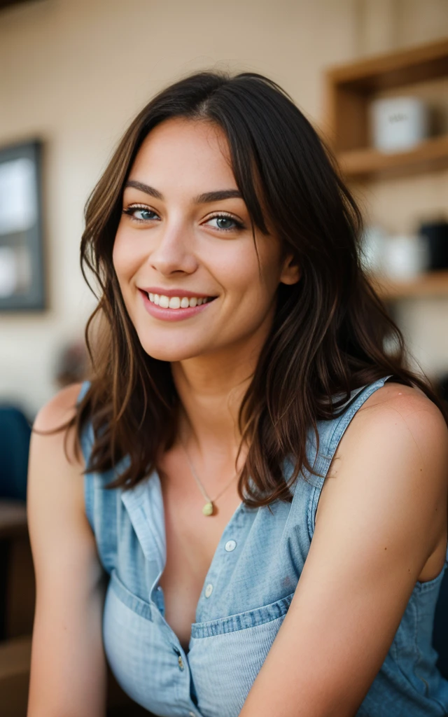 woman smiling drinking coffee, in a busy cafe in london drinking coffee very detailed, 40 years, innocent face, long hair, natural wavy, blue eyes, high resolution, masterpiece, best quality, intricate details, highly detailed, sharp focus, detailed skin, realistic skin texture, texture, detailed eyes, professional, 4k, charming smile, shot on Canon, 85mm, shallow depth of field, kodak vision color, perfect fit body, extremely detailed, foto_\(ultra\), photorealistic, realistic, post-processing, maximum detail, roughness, real life, ultra realistic, photorealism, photography, 8k uhd, photography, busty