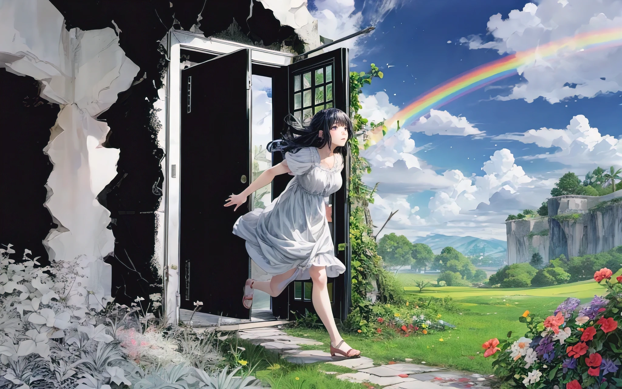 A captivating anime illustration of a woman stepping through a black-and-white doorway into a vibrant, colorful world. She wears a simple dress and has a look of amazement and wonder on her face. The newly discovered world is filled with lush greenery, bright flowers, and a rainbow stretching across the sky. The contrast between the bleak and the colorful worlds is stark, showcasing a powerful transition and a visual feast for the eyes., anime, illustration