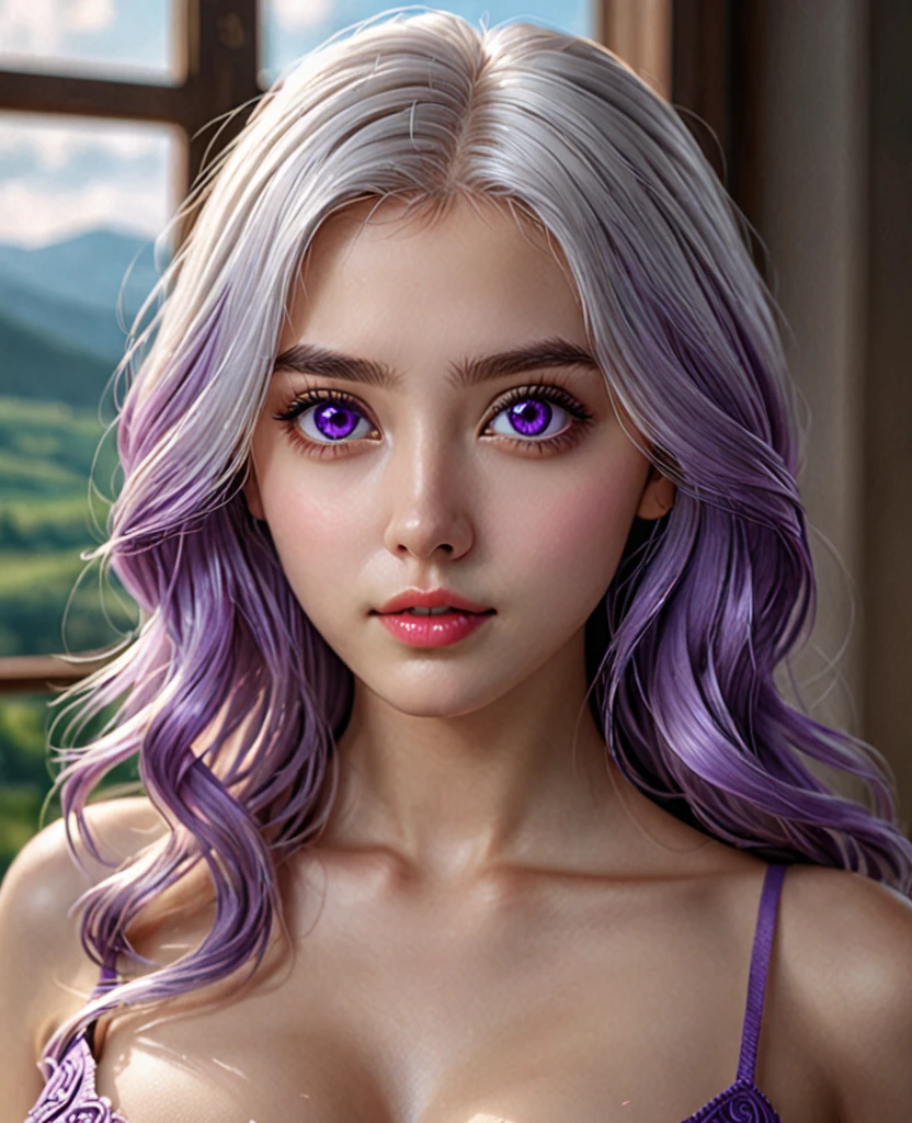  (hyperrealistic), (illustration), (high resolution), (8K), (extremely detailed), (best illustration), (beautiful detailed eyes), (best quality), (ultra-detailed), (masterpiece), (wallpaper), (photorealistic), (natural light), (detailed face), (high detailed realistic skin texture), (anatomically correct), (solo), (1 girl:1.52), (high detailed realistic hair), (white hair:1.35), (heterochromic eyes), (detailed eyes), (purple eyes:1.37), (sparkling eyes), (realistic huge breasts:1.53), (slender abs), (dynamic pose), (closed tiny mouth:1.3), (concentrated expression), (upon body from head to thigh:1.51), (dimple:1.34)