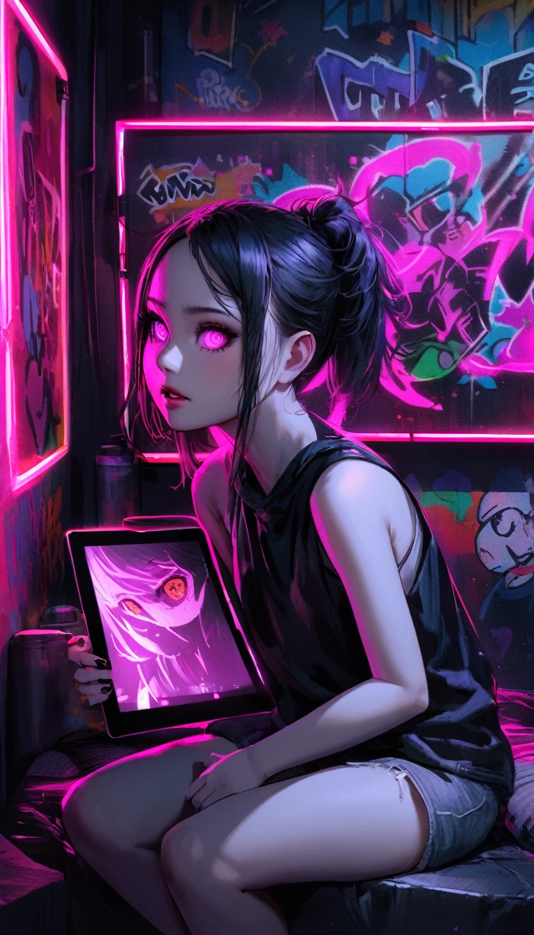 {Karl Thiart art style:1.3}, {Ryohei Hase art style:1}, {creepy atmosphere:0.9}, girl, {purple_theme}, hikimori, {{detailed eyes}}, {the dark room:1.1}, {neon light:1.2}, {{detailed hair}}, tablet_pc, {realistic:1.2}, bare shoulders, parted lips, {graffiti, graffiti art, graffiti style, graffiti drawing:1.3}, {red electric sparks, red electricity:1.3}, sits