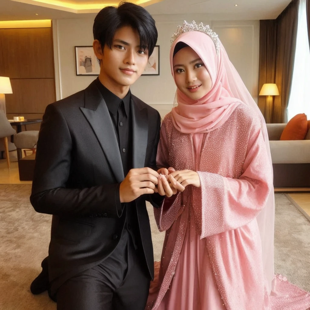 Sepasang kekasih sedang berdiri santai di alun alun. Lelaki tampan indonesia berambut hitam sedang berdiri bersama pacarnya yg cantik dan imut