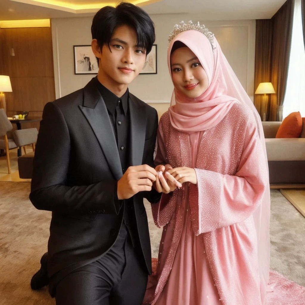 Sepasang kekasih sedang berdiri santai di alun alun. Lelaki tampan indonesia berambut hitam sedang berdiri bersama pacarnya yg cantik dan imut
