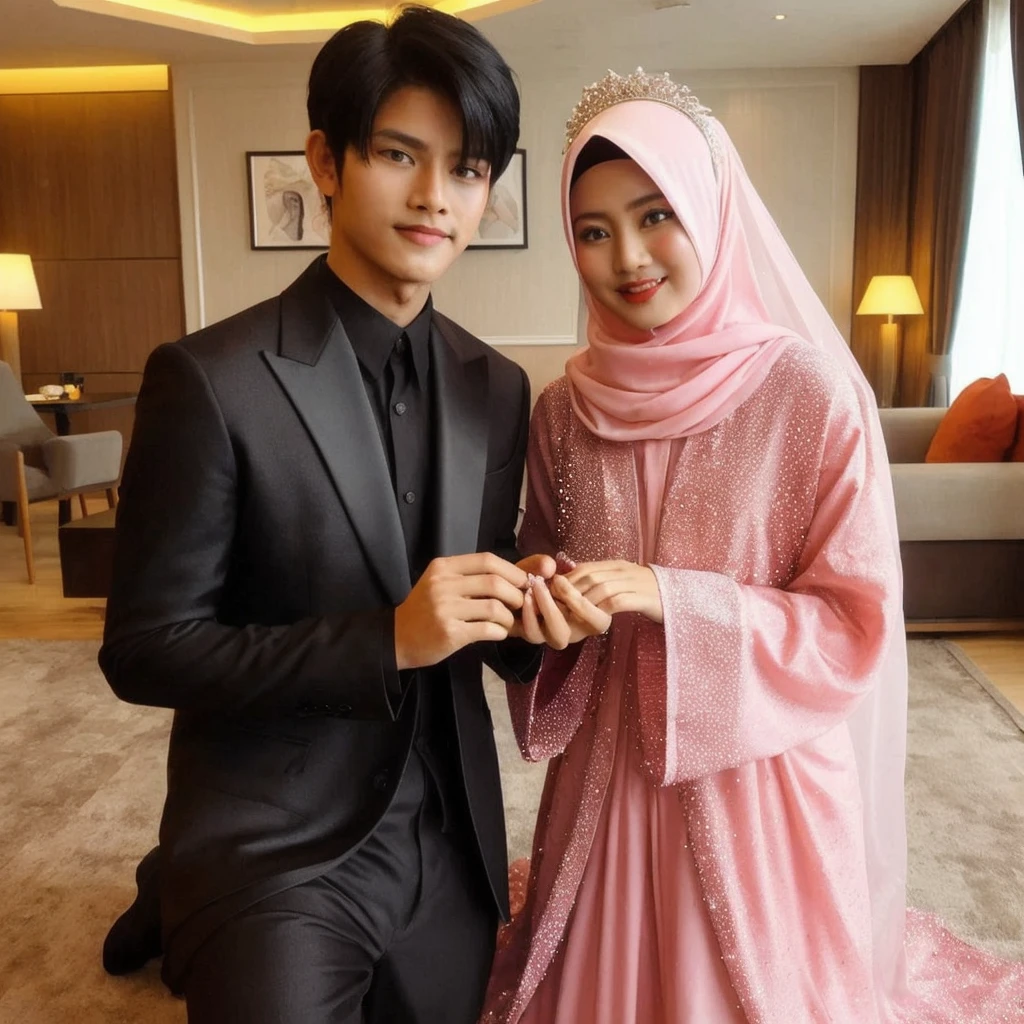 Sepasang kekasih sedang berdiri santai di alun alun. Lelaki tampan indonesia berambut hitam sedang berdiri bersama pacarnya yg cantik dan imut