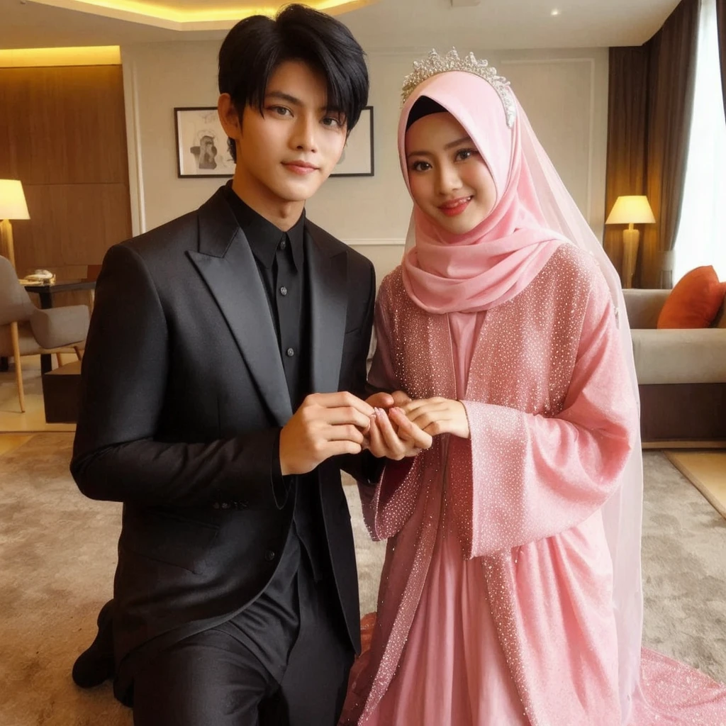 Sepasang kekasih sedang berdiri santai di alun alun. Lelaki tampan indonesia berambut hitam sedang berdiri bersama pacarnya yg cantik dan imut