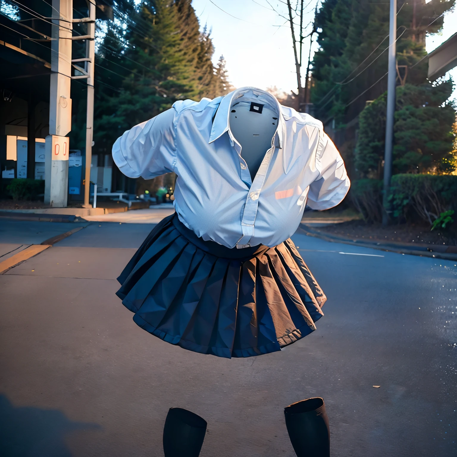 school blouse, plaid skirt, hands on own knees, leaning forward, fat, cute big breasts, (invisible, no human, headless, handless:1.5), (8k, RAW photo, best quality, masterpiece:1.2), (realistic, photo-realistic:1.37), photon mapping, radiosity, ((Hasselblad photography)), physically-based rendering