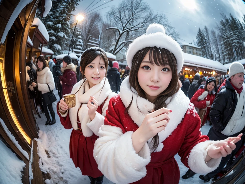 snow。furのコートを着た美しいロシアの女性たちの写真。Traditional Russian New Year celebration。furのコートを羽織った。Fisheye Lens、fur。Multiple women。