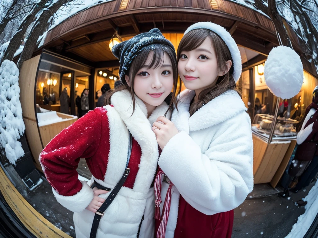 snow。furのコートを着た美しいロシアの女性たちの写真。Traditional Russian New Year celebration。furのコートを羽織った。Fisheye Lens、fur。Multiple women。