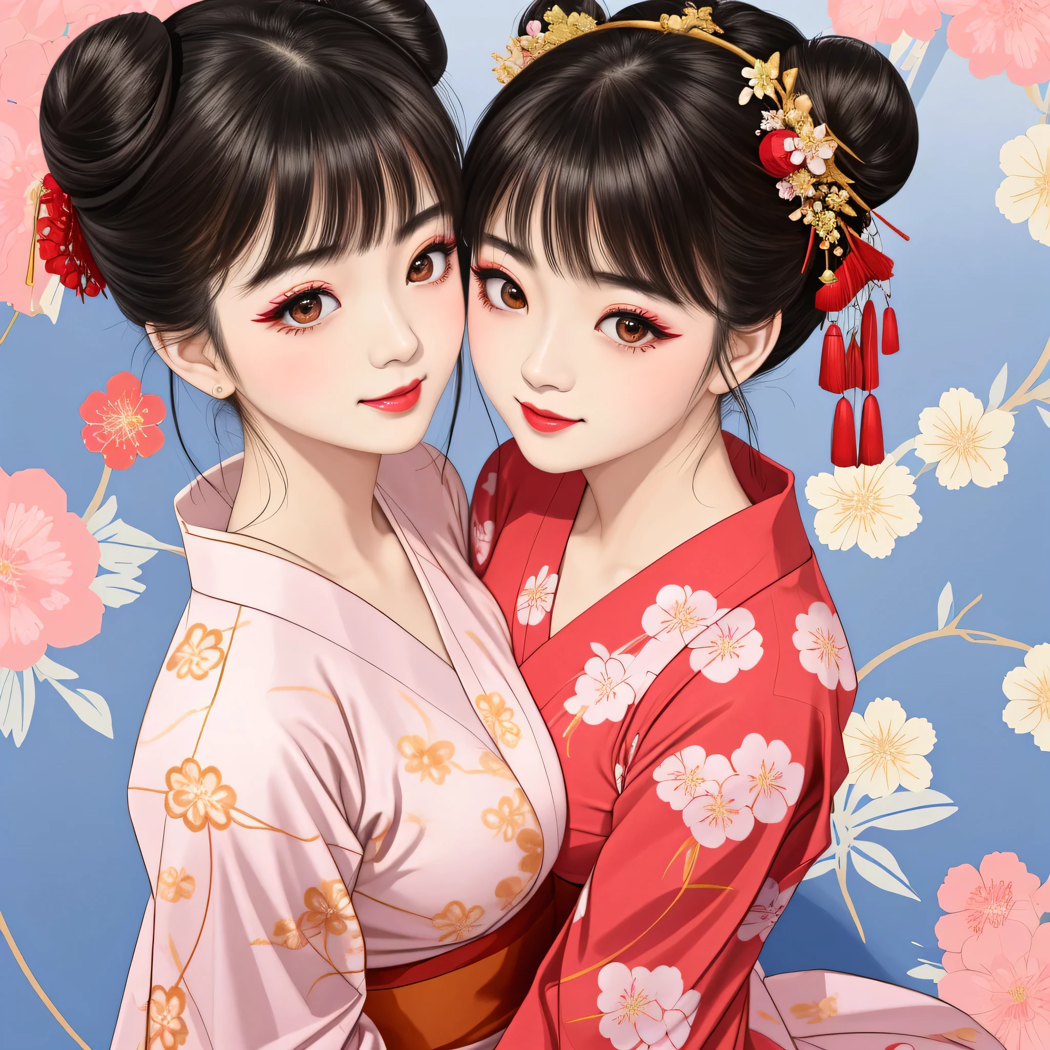 Each has a different expression2People and sisters、(2 girls)、⦅Dancing traditional arts with grace)、((Big Breasts、Small Face、Not exposed))、highest quality、masterpiece、(Black Hair、Bun Hair)、Brown Eyes、⦅Wide angle、Angle from above the waist、Pause on the magazine cover、Their gazes are different, gazing into the distance⦆、(8K High Quality、masterpiece、High resolution、Realistic and beautiful light and shadow、(highest quality)、(High Resolution)、(Very delicate and beautiful)、(Beautiful 8k face)、(With a smile、Beautiful eyes)、(Clear skin)、(Soft hair)、(8Head to Body)、(A Japanese-style yukata kimono with red, pink, orange and blue floral patterns on a white background, interspersed with gold powder、Wearing a yukata2Beautiful Japanese girls)、((Tanabata decoration background))、((Small Face))、(arms up)、Thin and small nose、(Red lipstick)、(Make your cheeks red)、(Glossy skin)、((Ink painting style))、Very thin eyebrows、Overall ultra-high image quality、(She is wearing maiko-style makeup.)、Whitening、Long and beautiful eyelashes、Glowing Skin、(Red cheeks),Straight nose、masterpiece、highest quality、whole body、 Eyebrows visible through hair、Bun Hair、Grin、Gal、Gal、Viewer's Eyes、Plaid、Stylish、woman、fine、Pause、
Waiting to start