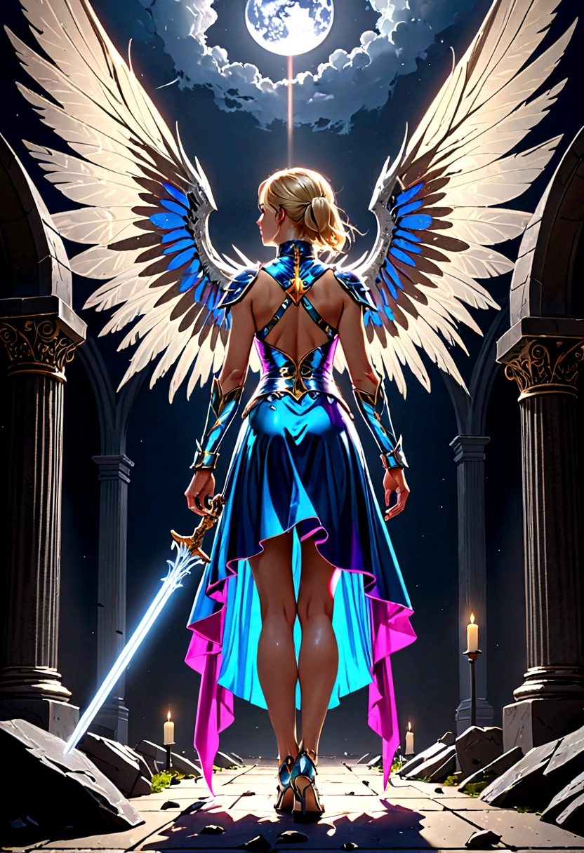 (a back view model shot taken from the rear: 1.5), aasimar, female, (Masterpiece, intense details: 1.3), female, paladin, holy warrior, short blond hair, determined face, full body, armed with sword, holy symbol, (wings sprouting from the back: 1.3) spread large feathered wings, majestic wings, white angelic wings, moon light, moon, stars, clouds, cemetery background, anatomically correct (Masterpiece, intense details: 1.3), god rays, cinematic lighting, glowing light, photorealism, panoramic view, Wide-Angle, Ultra-Wide Angle, 16k, highres, best quality, high details, ultra detailed, masterpiece, best quality, (extremely detailed), arafed, dnd art, armored dress