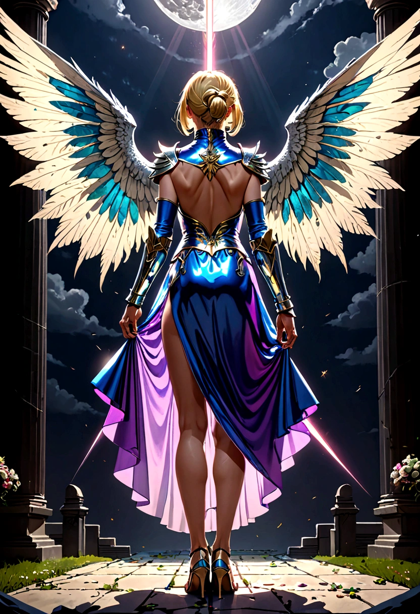 (a back view model shot taken from the rear: 1.5), aasimar, female, (Masterpiece, intense details: 1.3), female, paladin, holy warrior, short blond hair, determined face, full body, armed with sword, holy symbol, (wings sprouting from the back: 1.3) spread large feathered wings, majestic wings, white angelic wings, moon light, moon, stars, clouds, cemetery background, anatomically correct (Masterpiece, intense details: 1.3), god rays, cinematic lighting, glowing light, photorealism, panoramic view, Wide-Angle, Ultra-Wide Angle, 16k, highres, best quality, high details, ultra detailed, masterpiece, best quality, (extremely detailed), arafed, dnd art, armored dress