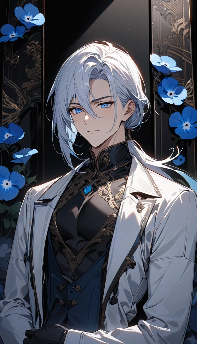 (masterpiece:1.5),best quality,(1 Handsome man),alone,white medium length hair,Low ponytail,(blue eyes), (A soft smile),elegant,perfect face,Fantasy Chinese style,Long black trench coat,white and blue cloth,Complex clothing design with Chinese elements,Black leather gloves,white lining,White suit pants,Slightly muscular body,High,8K,Beautiful contrast of light and shadow,Dark luxury background,(complete upper body),Positive face,((Nemophila)),luxury screen,blue flowers