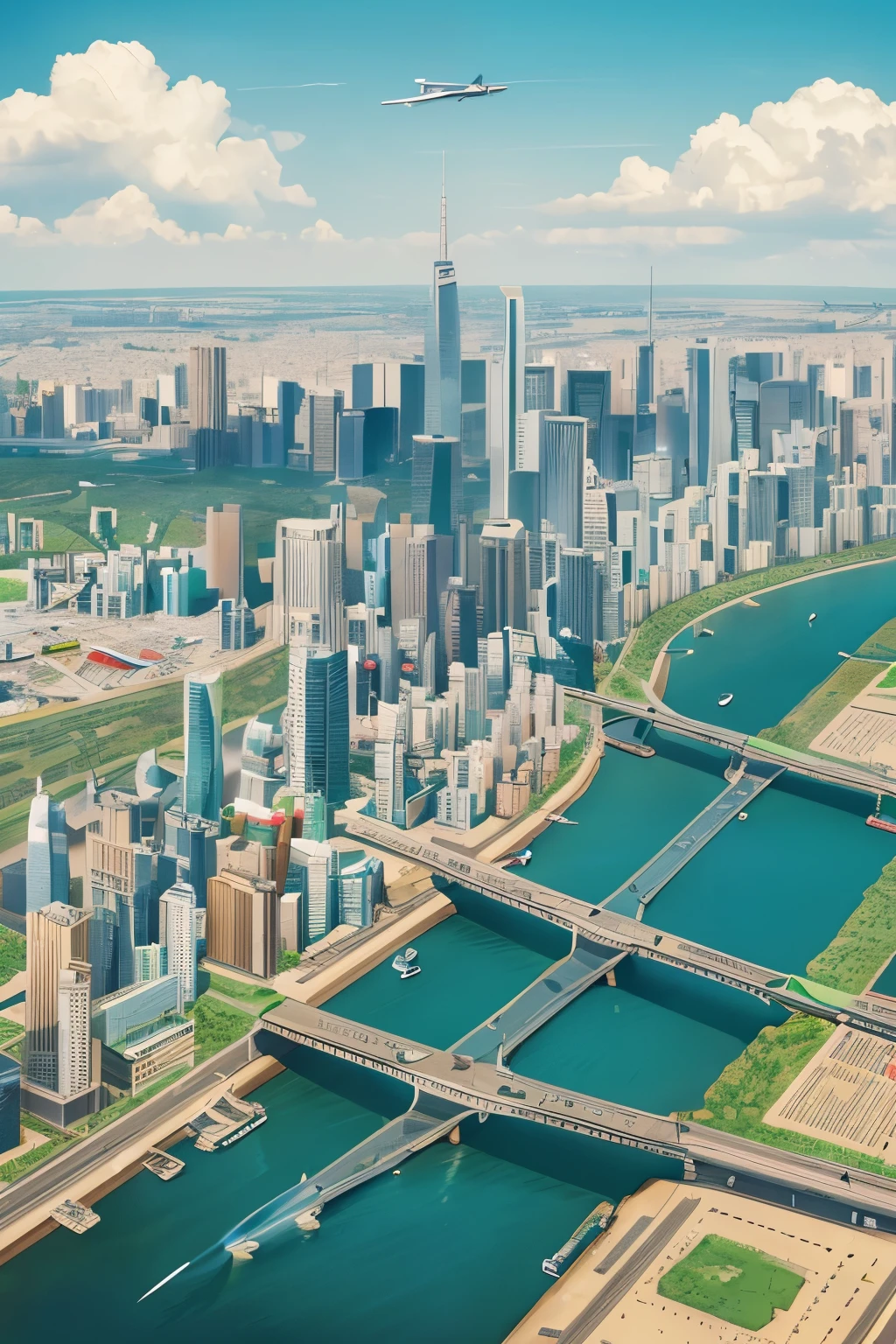 A map of a city with planes flying over it, Illustration by Jang Seung-yup, Shutterstock, Digital Art, Isometric maps, Isometric illustration, Isometric environment, Isometric aerial view, aerial photograph, isometric tokyo city, Pre-rendered isometric graphics, Isometric illustration fun, Highly detailed illustration