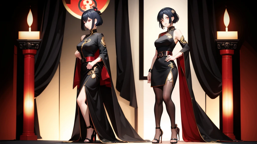 dark persona, evil executive, idol, 1 girl, red and blue hair, two tone hair, anime, long hem, Leading a ritual, from side, forehead yin yang accessory, standing on pedestal, evil smile, audience, short hair, talking, black armor, cape, runes, pillars of black fire, octagonal yin yang mirror, Ruined city, at midnight, black cheongsam, Qipao, stand-up collar, gold decoration, earring, chains, belt, black obi, yin yang, beautiful art, high res, perfect face, detailed outfit