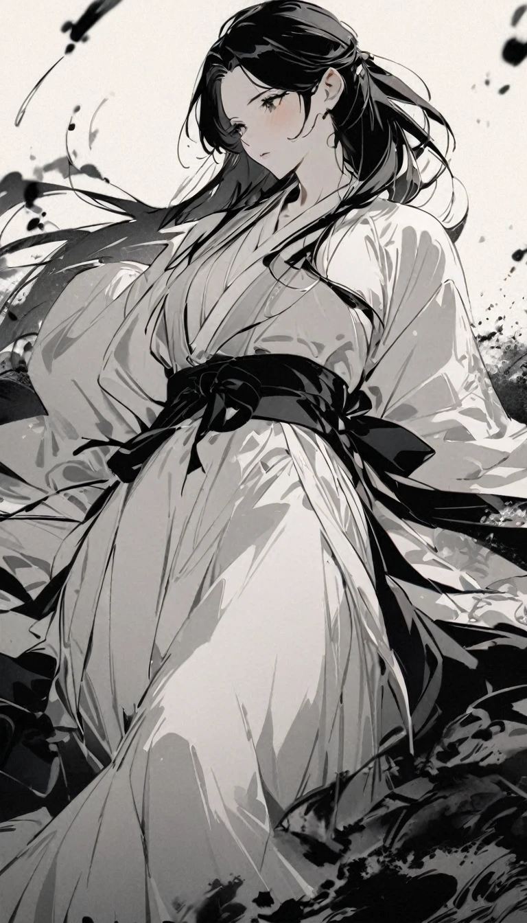 中国ink画，ink，soil，The beauty of Hanfu，Fairy air fluttering，black and white，Black and White Art，8K，Ultra-fine，A masterpiece of rich detail,Fifty-year-old male