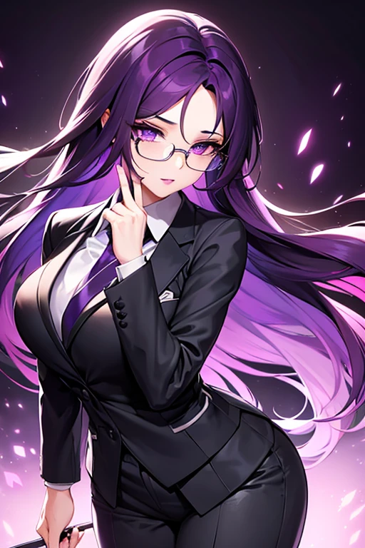 beautiful woman, with purple long hair, violet eyes, purple lips, in a black suit, wears clear glasses, sharp business suit 