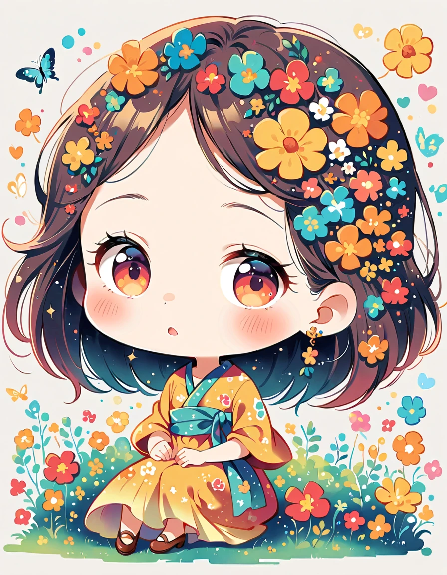 Hayao Miyazaki style, kawaii design,Dreams and Hopes,Simple Line Initialism,Abstract art,Urban Background, (((The most beautiful girl))), (((chibi))), picnic, colorful flowers, Colorful and cute pillbugs, dream and hoops