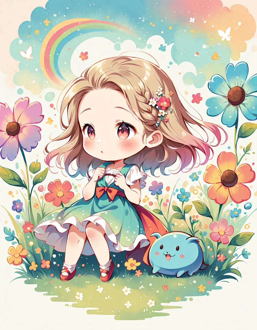 Hayao Miyazaki style, kawaii design,Dreams and Hopes,Simple Line Initialism,Abstract art,Urban Background, (((The most beautiful girl))), (((chibi))), picnic, colorful flowers, Colorful and cute pillbugs, dream and hoops