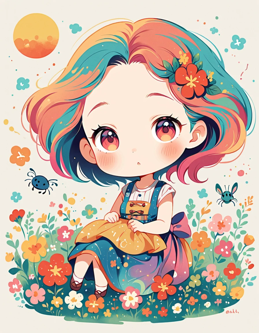 Hayao Miyazaki style, kawaii design，Dreams and Hopes，Simple Line Initialism，Abstract art，Urban Background, (((The most beautiful girl))), (((chibi))), picnic, colorful flowers, Colorful and cute pillbugs, dream and hoops