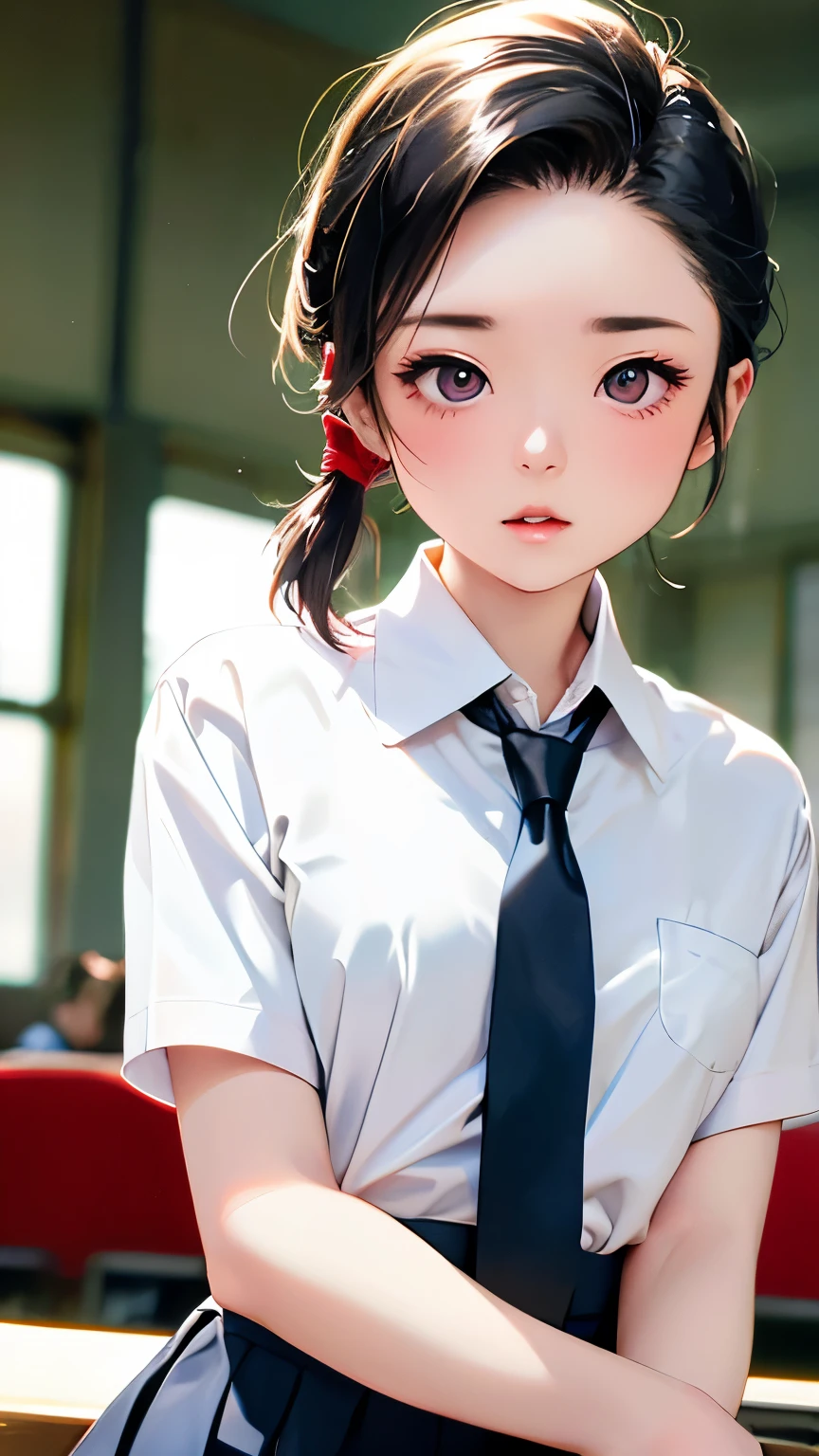 (Tabletop, highest quality:1.2), 8k, 18-year-old, 85mm, Official Art, RAW Photos, Absurd, White dress shirt, Cute Face, close, Upper Body, Viola Lace, Gardenia, beautiful girl, , (Navy Pleated Skirt:1.1), Cinch waist, Thighs, Short sleeve, classroom, ponytail、short hair、short hair、sit on bench seat, Looking at the audience, No makeup, (smile:0.4), Film Grain, chromatic aberration, Sharp focus, Face Light, Bright lighting, Teen, Detailed face, Background blur, (Dark red tie:1.1)、日本の学校のclassroom、classroom
