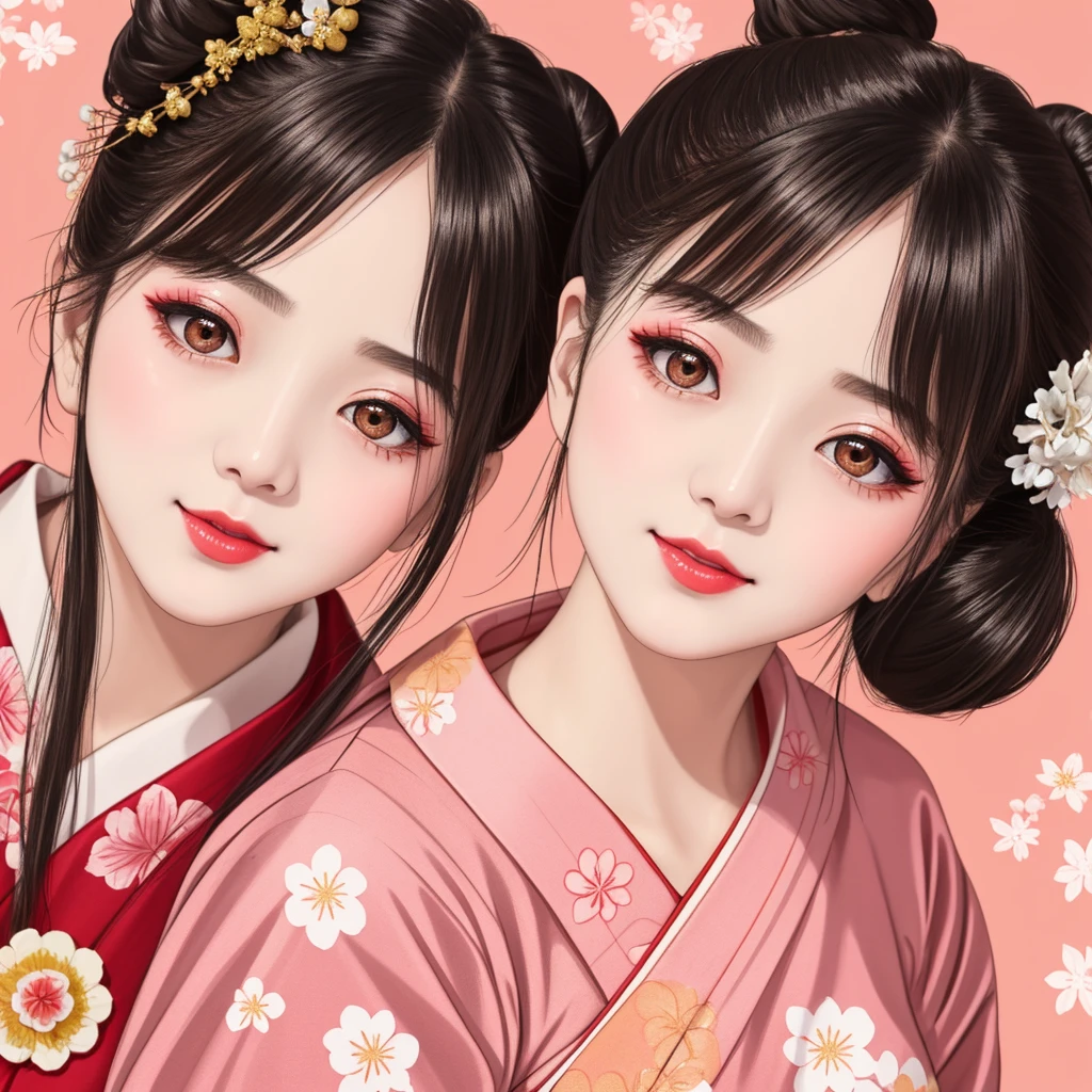 Each has a different expression２People and sisters、(２ girls）、｟Dancing traditional arts with grace)、((Big Breasts、Small Face、Not exposed))、highest quality、masterpiece、（Black Hair、Bun Hair）、Brown Eyes、｟Wide angle、Angle from above the waist、雑誌の表紙のPause、Their gazes are different, gazing into the distance｠、(８K High Quality、masterpiece、High resolution、Realistic and beautiful light and shadow、(highest quality)、(High Resolution)、(Very delicate and beautiful)、(Beautiful 8k face)、(With a smile、Beautiful eyes)、(Clear skin)、(Soft hair)、(８Head to Body)、(A Japanese-style yukata kimono with red, pink, orange and blue floral patterns on a white background, interspersed with gold powder、Wearing a yukata２Beautiful Japanese girls)、((Tanabata decoration background))、((Small Face))、(arms up)、Thin and small nose、（Red lipstick）、（Make your cheeks red）、（Glossy skin）、((Ink painting style))、Very thin eyebrows、Overall ultra-high image quality、（She is wearing maiko-style makeup.）、Whitening、Long and beautiful eyelashes、Glowing Skin、（Red cheeks）,Straight nose、masterpiece、highest quality、whole body、 Eyebrows visible through hair、Bun Hair、Grin、Gal、コGal、Viewer&#39;s Eyes、Plaid、Stylish、woman、fine、Pause、
Waiting to start 
