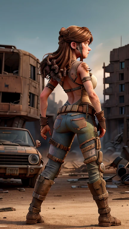 Back view, full body shot, (best quality,uhd,realistic:1.2),extremely detailed,portrait of Charlieze Theron as Furiosa from Mad Max Fury Road, stand back to viewer,(postapocalyptic,desolate,ruined wasteland:1.1),Fujifilm xt3 film grain,(moody lighting,dramatic atmosphere:1.1),captivating expression,grim determination,strong female character,scared look,gritty texture,ripped clothing,facial scars,smeared dirt on the face,dusty surroundings,harsh sunlight,powerful stance,emotional intensity,weapons strapped to her body, stand back to viewer, motorbikes and vehicles in the background,desaturated color palette,contrasting colors,splashes of red,piercing eyes,long flowing hair,wisps of hair blowing in the wind,weathered and worn accessories,detailed background with destroyed buildings and debris,depth of field effect to enhance focus on the protagonist,bokeh effect to create a cinematic feel.