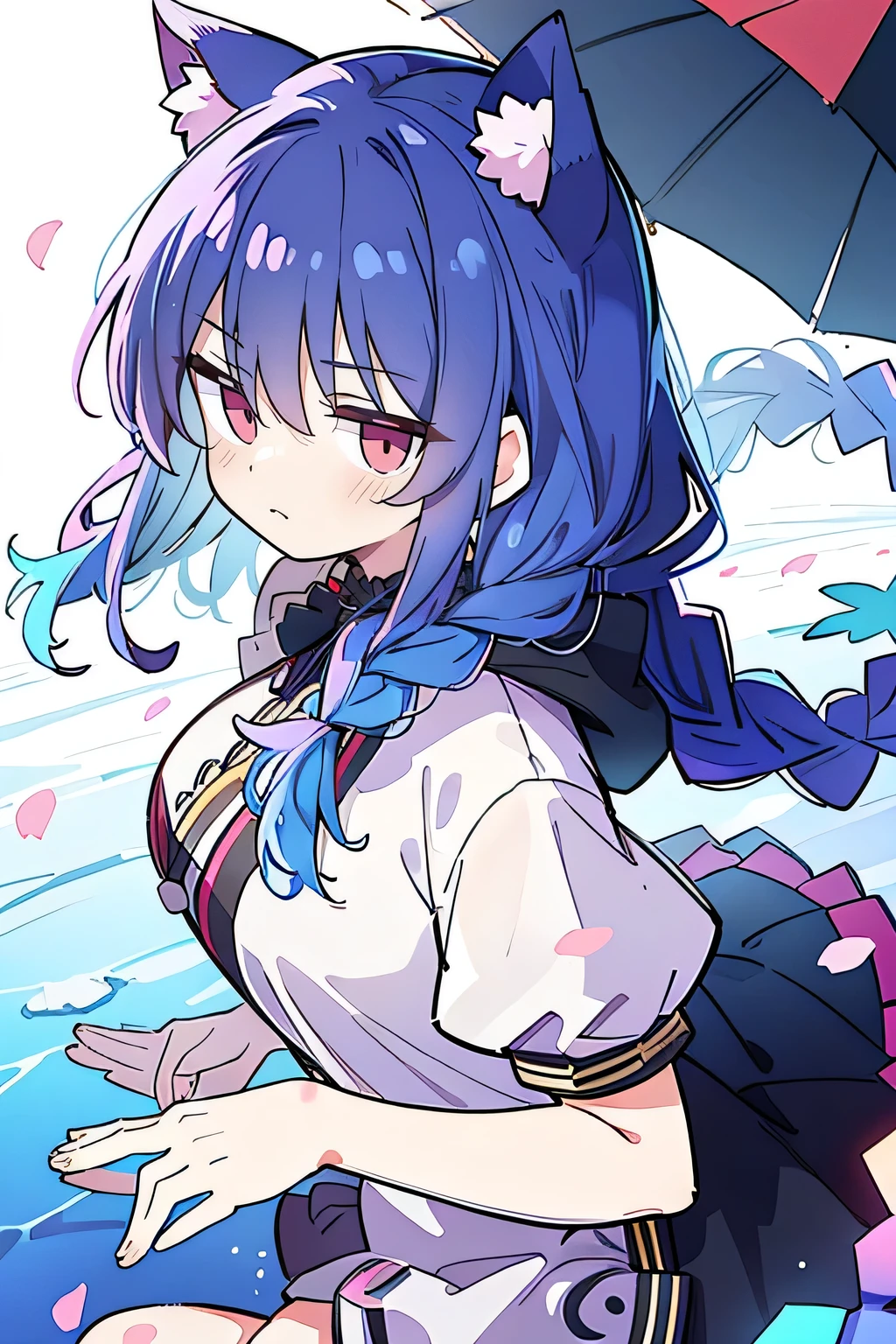 (masterpiece:1.2),Super detailed,lifelike,Expressive eyes,fair skin,perfect face shape,1 girl,
Japanese comics,Gorgeous blue hair,flowing blue hair,flowing clothes,Cat ears,Petals fall,beautiful lola, Angel,
Shaking head with one hand,Cross your legs,Gentle and peaceful background,The pavilion is cool and comfortable,smile, wearing hoodie, background of tokyo,back views,snowing, winter,lie on the water.(Best Quality: 1.3), (Masterpiece: 1.3), (Illustration: 1.3), (Ultra Detailed: 1.3), (Imide Lens: 0.9), 1girl, Medium Breasts, Purple Eyes, ((Dark Blue Hair) ), hair accessories, young, clothing-gladiia, long hair, dark blue hair, indoors, black shorts, high socks, low ponytail, expressionless, upper body, close-up, coat, skirt,fgo style,like \(destiny\), like Adult, hair length, underwear, masterpiece, Top quality, 1 Girl, looking at the audience,(((braid)))、shameful face、Embarrassed face、Long body、huge 、
