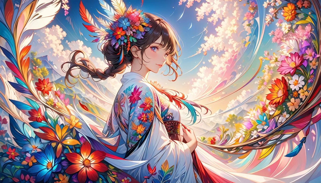 masterpiece,top quality,best quality,official art,beautiful and aesthetic,(1girl:1.2),extremely detailed,(fractal art:1.1),colorful,flowers,highest detailed,zentangle,abstract background,shiny skin,many colors,feathers,