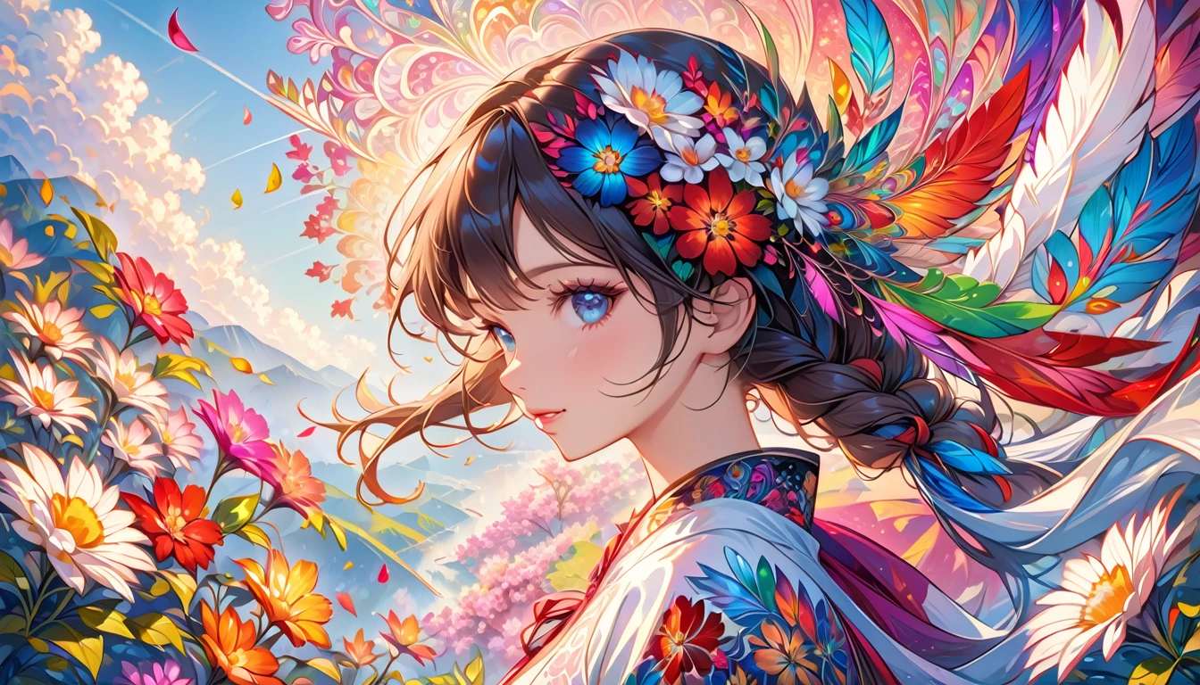 masterpiece,top quality,best quality,official art,beautiful and aesthetic,(1girl:1.2),extremely detailed,(fractal art:1.1),colorful,flowers,highest detailed,zentangle,abstract background,shiny skin,many colors,feathers,