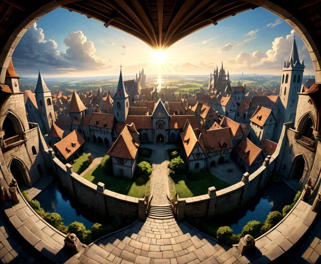 a view of fantasy medieval city, taken from the top of church of , at night, the shot taken while standing behind the statue of a gargoyle on the roof, 16K, ultra detailed, masterpiece, best quality, (extremely detailed), arafed, dnd art,  god rays, cinematic lighting, glowing light, silhouette, from outside, photorealism, panoramic view (Masterpiece, intense details: 1.5) , Wide-Angle, Ultra-Wide Angle, 