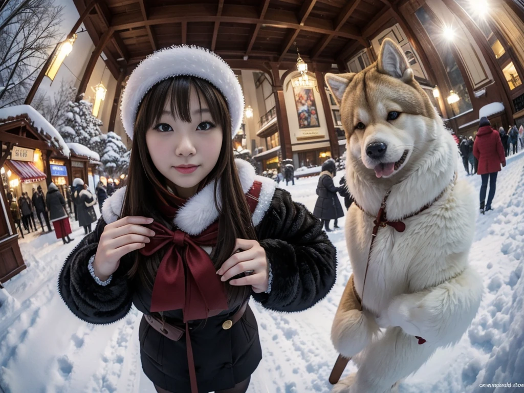 snow。furのコートを着た美しいロシアの女性たちの写真。Traditional Russian New Year celebration。furのコートを羽織った。Fisheye Lens、fur。Multiple women。