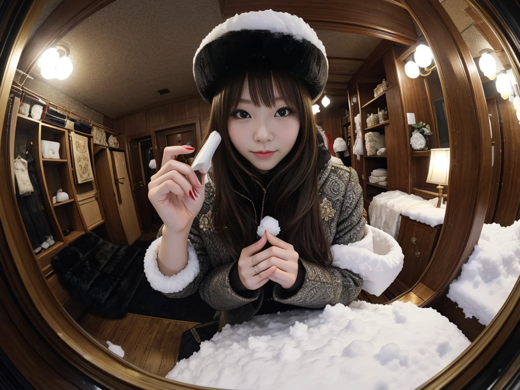 snow。furのコートを着た美しいロシアの女性たちの写真。Traditional Russian New Year celebration。furのコートを羽織った。Fisheye Lens、fur。Multiple women。