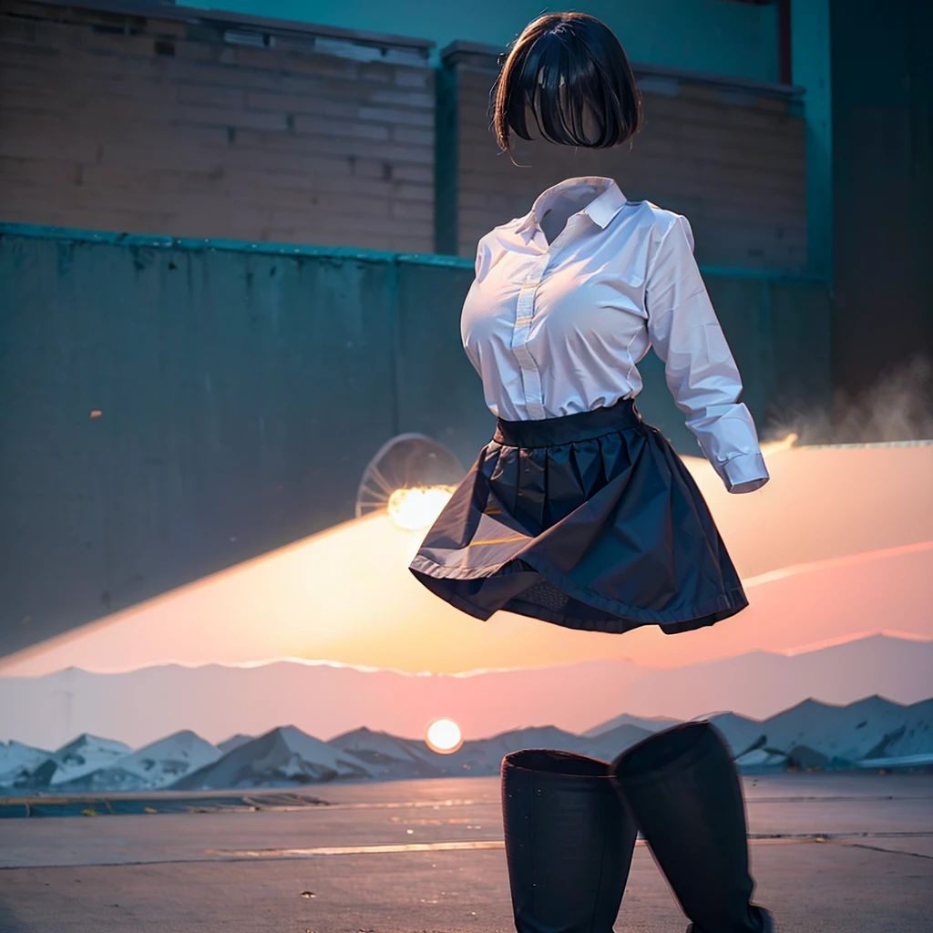 school blouse, plaid skirt, hands on own knees, leaning forward, fat, cute big breasts, (invisible, no human, headless, handless:1.5), (8k, RAW photo, best quality, masterpiece:1.2), (realistic, photo-realistic:1.37), photon mapping, radiosity, ((Hasselblad photography)), physically-based rendering