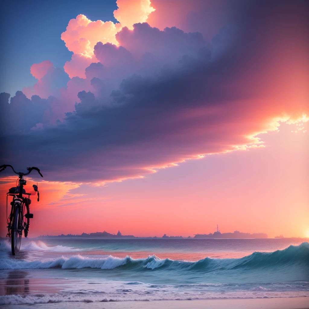 Beach, blue sea,Clear sky, Disappearing into the horizon, See in miles, Distant Sea, Wide Wide Shot, Bicycle on the beach, Background sea, Very wide shot, Gazing at the sea,A red bike on the left,cumulonimbus,Refreshing