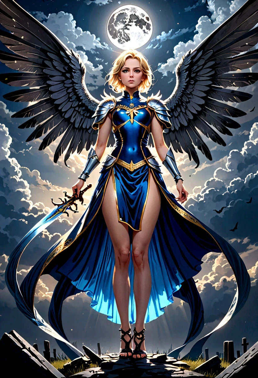 (a model shot taken from the rear: 1.5), 16K, ultra detailed, masterpiece, best quality, (extremely detailed), arafed, dnd art, portrait, full body, aasimar, female, (Masterpiece 1.3, intense details), female, paladin, holy warrior, spread large feathered wings, (wings sprouting from the back: 1.3), majestic wings, white angelic wings spread (Masterpiece, intense details: 1.5), moon light, moon, stars, clouds, holy symbol, armed with sword, short blond hair, dark fantasy cemetery background, anatomically correct (Masterpiece 1.3, intense details), angel_wings, determined face, god rays, cinematic lighting, glowing light, silhouette, from outside, photorealism, panoramic view (Masterpiece 1.3, intense details) , Wide-Angle, Ultra-Wide Angle, 16k, highres, best quality, high details, armored dress