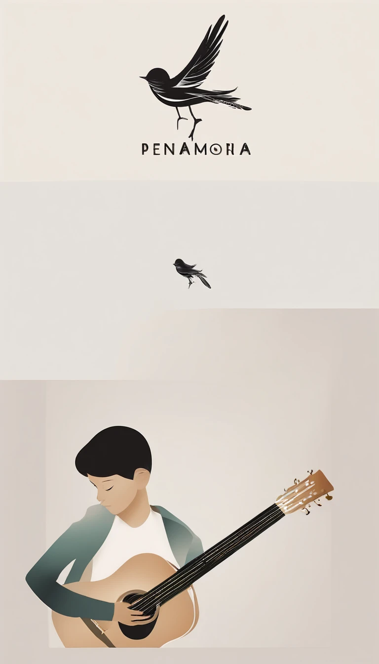 A minimal, modern, simple, cinematic logo design for the brand “Penamemoria". The logotype must be a boy playing acoustic guitar alongside a bird and a feather. The logo must convey a sense of music, stories and dreams. Minimalistic logo of a boy playing acoustic guitar and dissolving into a feather