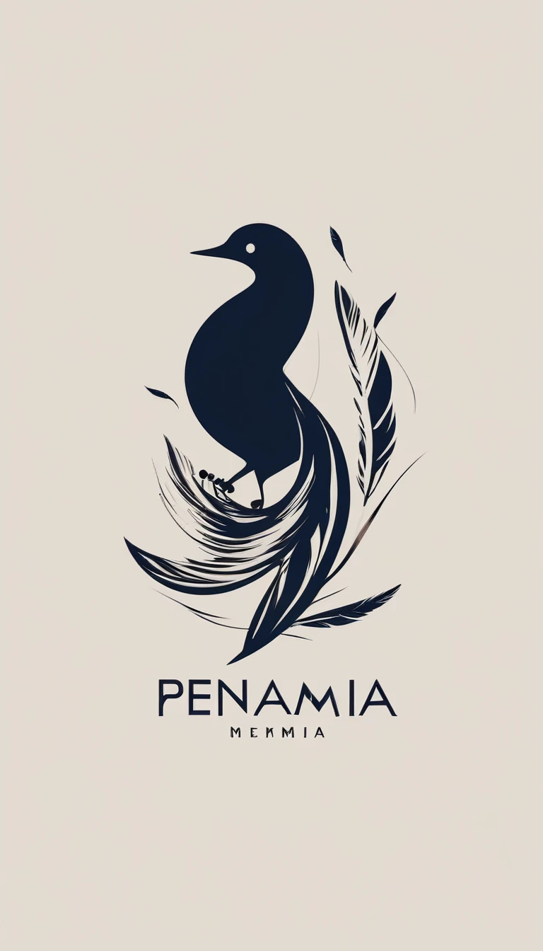 A minimal, modern, simple, cinematic logo design for the brand “Penamemoria". The logotype must be a boy playing acoustic guitar alongside a bird and a feather. The logo must convey a sense of music, stories and dreams. Minimalistic logo of a boy playing acoustic guitar and dissolving into a feather