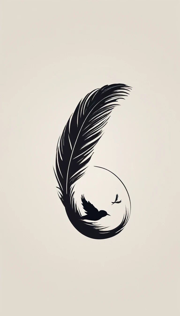 A minimal, modern, simple, cinematic logo design for the brand “Penamemoria". The logotype must be a boy playing acoustic guitar alongside a bird and a feather. The logo must convey a sense of music, stories and dreams. Minimalistic logo of a boy playing acoustic guitar and dissolving into a feather