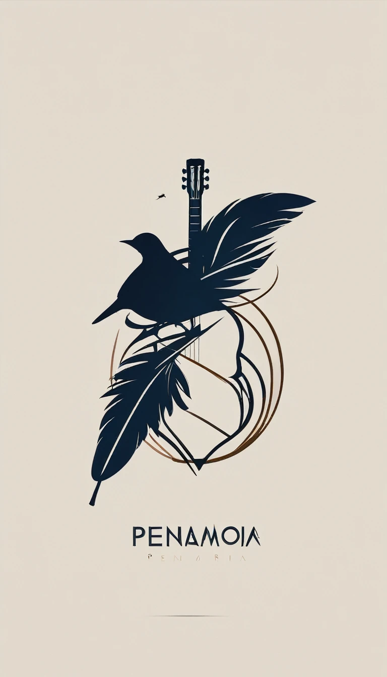 A minimal, high quality, modern, simple, cinematic symbol design for the brand “Penamemoria". The logotype must be a simple, magical feather and a boy playing acoustic guitar. The logo must convey a sense of music, stories and dreams. Logo design impressed on a book cover. Minimalistic logo