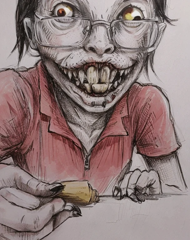 female monster wearing glasses, wearing red clothes, with big and sharp teeth, there are red spots on her teeth, her eyes look droopy