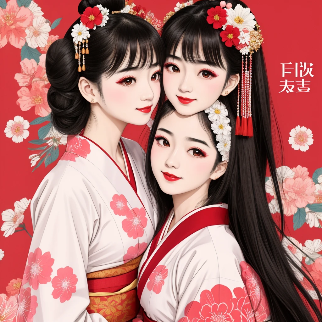 7 sisters, 7 girls with different faces and expressions, dancing gracefully, small faces, top quality, masterpieces, black hair, bun hair, wide angle, diagonally above the waist, magazine cover pose, 8K high resolution, Masterpiece, high resolution, realistic and beautiful light and shadow, top quality, high resolution, very delicate and beautiful, beautiful 8K face, smile and smile. Seven beautiful Japanese girls with eyes, transparent skin, soft hair, eight heads, Japanese style kimonos with red, pink and orange floral patterns on a white background, yukatas, small faces, thin and small noses, red lipstick , glossy skin, very thin eyebrows, overall super high resolution, Maiko-style makeup, fair skin, long and beautiful eyelashes, glossy skin, red cheeks, holding a flower hat prop in one hand, dance, Kasa Odori, Kasanihi Odori, Japan Dance, festival, movie poster style