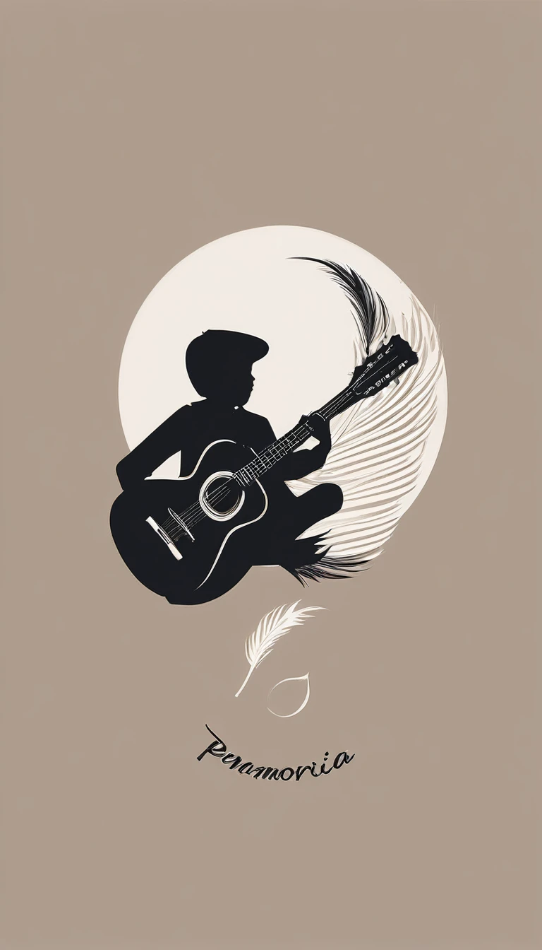 A minimal, modern, simple, cinematic logo design for the brand “Penamemoria". The logotype must be a boy playing acoustic guitar alongside a bird and a feather. The logo must convey a sense of music, stories and dreams. Minimalistic logo of a boy playing acoustic guitar and dissolving into a feather
